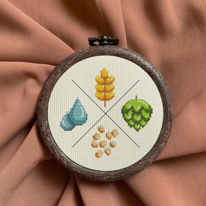May include: A round embroidery hoop with a white fabric background featuring a cross-stitch design of four elements: a blue water drop, a yellow wheat stalk, a green hop cone, and a cluster of beige barley grains.