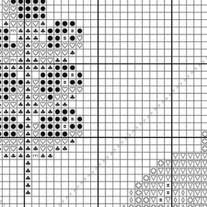 May include: Black and white cross stitch pattern featuring a heart, spade, club, and diamond design. The pattern is on a white grid background.