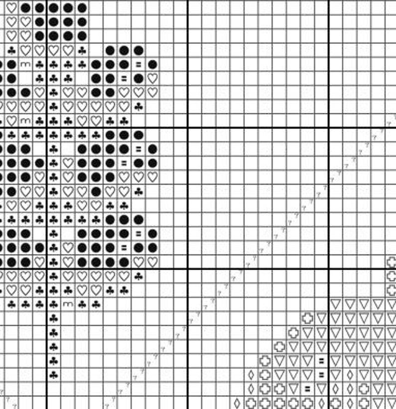 May include: Black and white cross stitch pattern featuring a heart, spade, club, and diamond design. The pattern is on a white grid background.