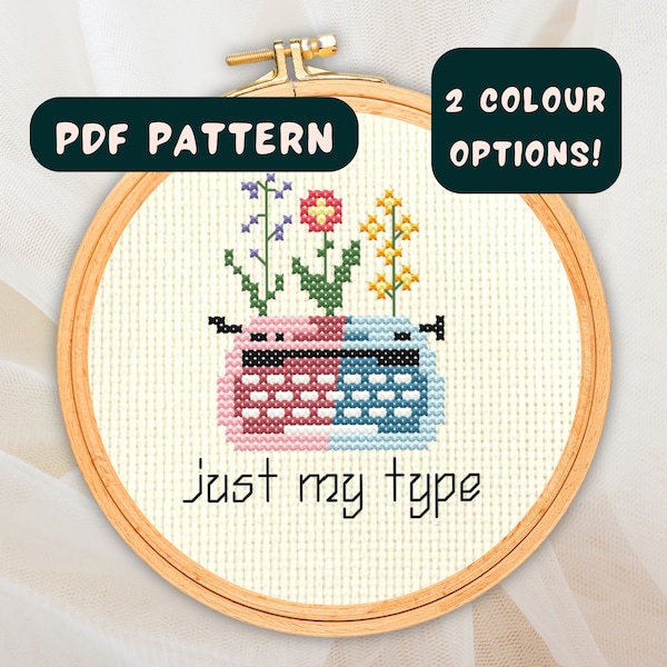 Cute Typewriter Tiny Cross Stitch Pattern, Just My Type Embroidery Instant Download, Mini Floral Vintage Pattern PDF JPG Digital Design DMC