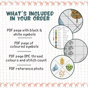 May include: A digital download for a cross stitch pattern featuring a design of a water droplet, a wheat stalk, and a hop cone. The image includes a list of DMC thread colours and stitch counts. The text "WHAT'S INCLUDED IN YOUR ORDER" is at the top of the image.