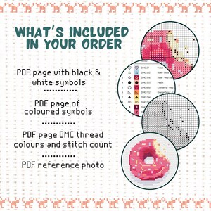 May include: A digital cross stitch pattern for a pink and white donut with sprinkles. The pattern includes a PDF page with black and white symbols, a PDF page with coloured symbols, a PDF page with DMC thread colours and stitch count, and a PDF reference photo.