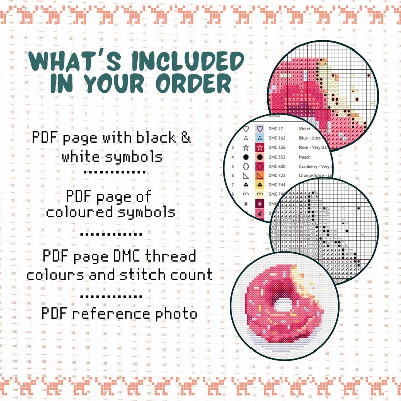 May include: A digital cross stitch pattern for a pink and white donut with sprinkles. The pattern includes a PDF page with black and white symbols, a PDF page with coloured symbols, a PDF page with DMC thread colours and stitch count, and a PDF reference photo.