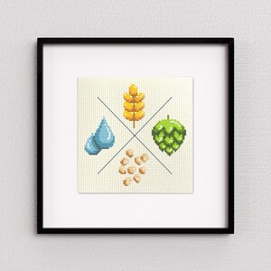 May include: A cross-stitch design featuring four elements: a blue water drop, a yellow wheat stalk, a green hop cone, and a pile of beige barley grains.
