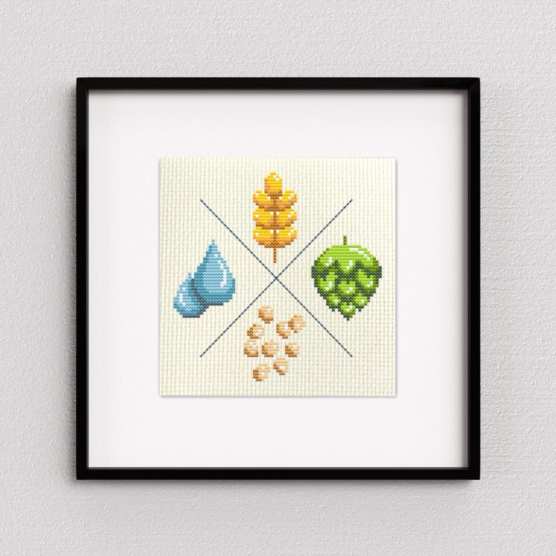 May include: A cross-stitch design featuring four elements: a blue water drop, a yellow wheat stalk, a green hop cone, and a pile of beige barley grains.