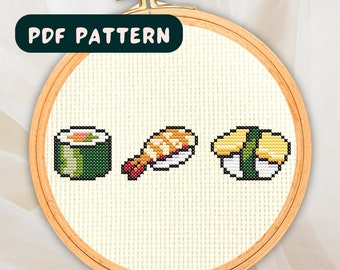 Cute Sushi Trio Tiny Cross Stitch Pattern, Embroidery Instant Download, Nigiri Sashimi Maki Food Japanese DMC Floss PDF JPG Digital Design
