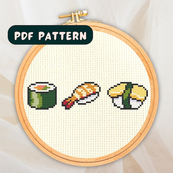 Cute Sushi Trio Tiny Cross Stitch Pattern, Embroidery Instant Download, Nigiri Sashimi Maki Food Japanese DMC Floss PDF JPG Digital Design