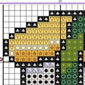 May include: Cross stitch pattern featuring a green, yellow, and white floral design. The pattern includes a variety of stitches, including cross stitches, backstitches, and French knots.