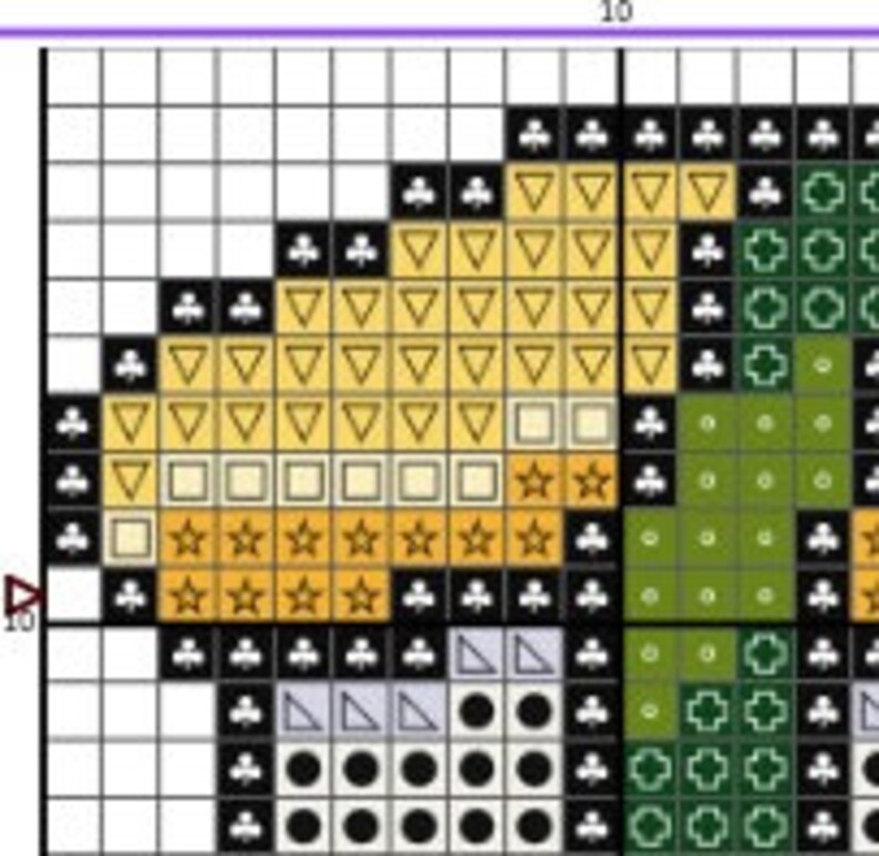 May include: Cross stitch pattern featuring a green, yellow, and white floral design. The pattern includes a variety of stitches, including cross stitches, backstitches, and French knots.