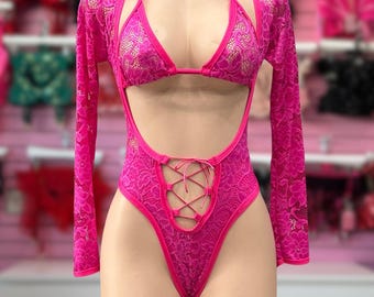 Handgemaakte kanten bodysuit: exotische danskleding, rave-outfit