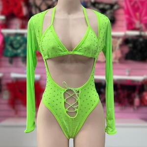 Neon Green Rhinestone Bodysuit: Rave Wear, Exotic Dancewear