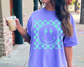 Lightning Smile Checkerboard T-Shirt | Orange Blue Retro Graphic