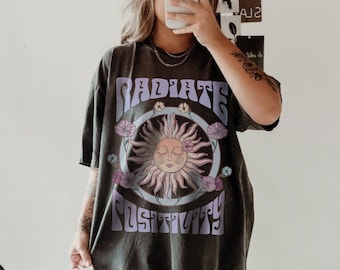 Comfort Colors Radiate Positivity T-Shirt: Vintage Boho Sun Graphic Tee