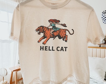 Hell Cat Comfort Colors Women&#39;s Boxy Cropped Tee Vintage Tiger Shirt Cowgirl Shirt