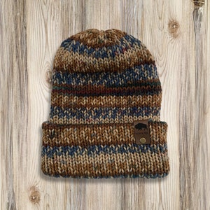 Handmade ADULT Reversible Double-Layered Knit Beanie - Super Soft Winter Hat -  Nature Stripe