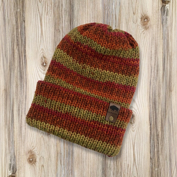 Handmade ADULT Reversible Double-Layered Knit Beanie - Super Soft Winter Hat - Autumn Stripes