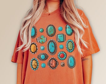 Türkise Ringe Vintage Illustration Unisex Crewneck Shirt - Southwest Style COmfort Colors Grafik T-Shirt