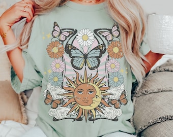 Celestial Butterfly Graphic T-Shirt: Vintage Hippie Boho Tee
