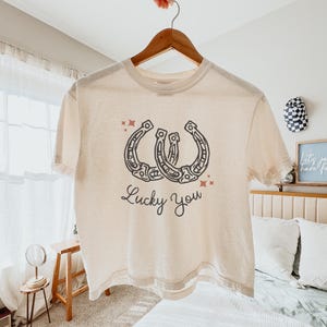 Lucky You Horseshoe Women&#39;s Boxy Baby Tee Comfort Colors Tshirt Western Graphic Tee Vintage Style