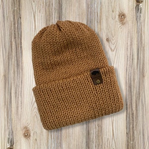 Handmade ADULT Reversible Double-Layered Knit Beanie - Super Soft Winter Hat -  Camel Brown