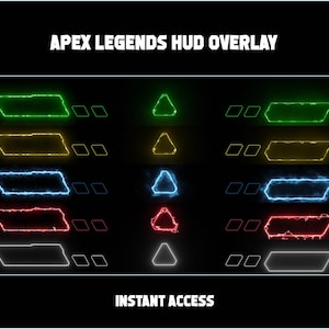 May include: Apex Legends HUD overlay featuring five rows of digital graphic elements in green, yellow, blue, red, and white. Each row contains a parallelogram, a triangle, and a rectangular frame with a glowing, electric-like border effect.