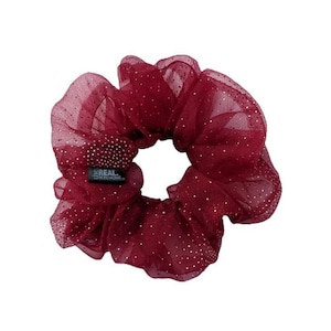 GRANDE Sparkly Pomegranate Organza Scrunchies // Red wine hair accessories, Oversized XXL handmade hair tie, Luxe silver glittery sparkles