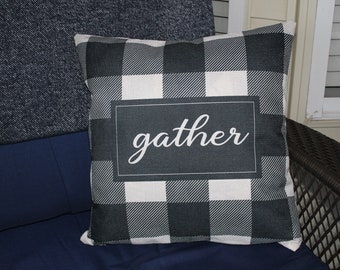 Gather Graphic Quote Pillow Cover - Plaid Black & White Linen Throw Pillow Cover for Home Decor | Farmhouse and Cottagecore Decoration Gift