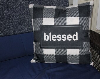 Blessed Pillow Cover - Farmhouse Pillow Cover - Farm House Throw Pillow Cover - Black and White Plaid Pillow - Cottagecore Pillow Cover