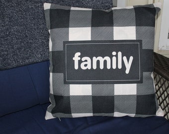 Family Pillow Cover - Farmhouse Pillow Cover - Farm House Throw Pillow Cover - Black and White Plaid Pillow - Cottagecore Pillow Cover