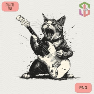 Funny Cat Playing Guitar PNG Guitarist Animal Png For Sublimation Instant Digital Download