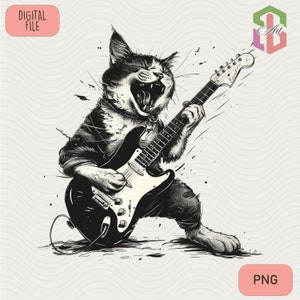 Rock Cat Playing Guitar PNG: Sublimation Design (Digital Download)