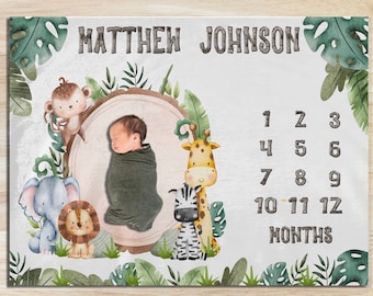 Personalisierte Safari-Tier-Meilenstein-Decke-Jungen-monatliche Fotos-Decke, Dschungel-Tiere Neugeborenes Kinderzimmer, Baby-Alter-Decke-Babyparty-Geschenk