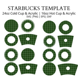 May include: Set of 10 printable Starbucks cup templates for 24 oz cold cups and 16 oz hot cups. The templates are in green with a white grid pattern and a white circle in the center. The templates are for use with acrylic tumblers.