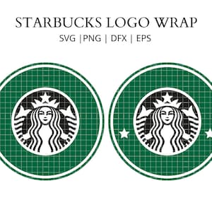 May include: Two green circles with a white grid pattern and a black Starbucks logo in the center. The logo features a mermaid with a crown and a star on each side.