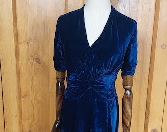 1930er marineblaues Kleid aus Seidensamt