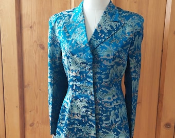 Vintage 50s 60s blue brocade garden cheongsam blazer jacket