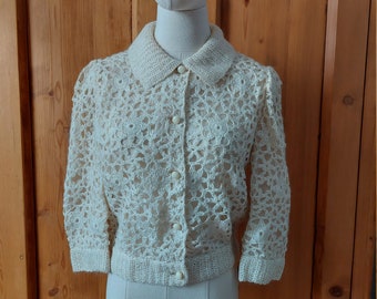 50s cream raffia knit cardigan sweater size med