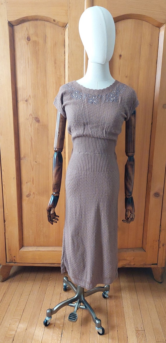 50s wool brown knit sweater dress set embroidery … - image 3