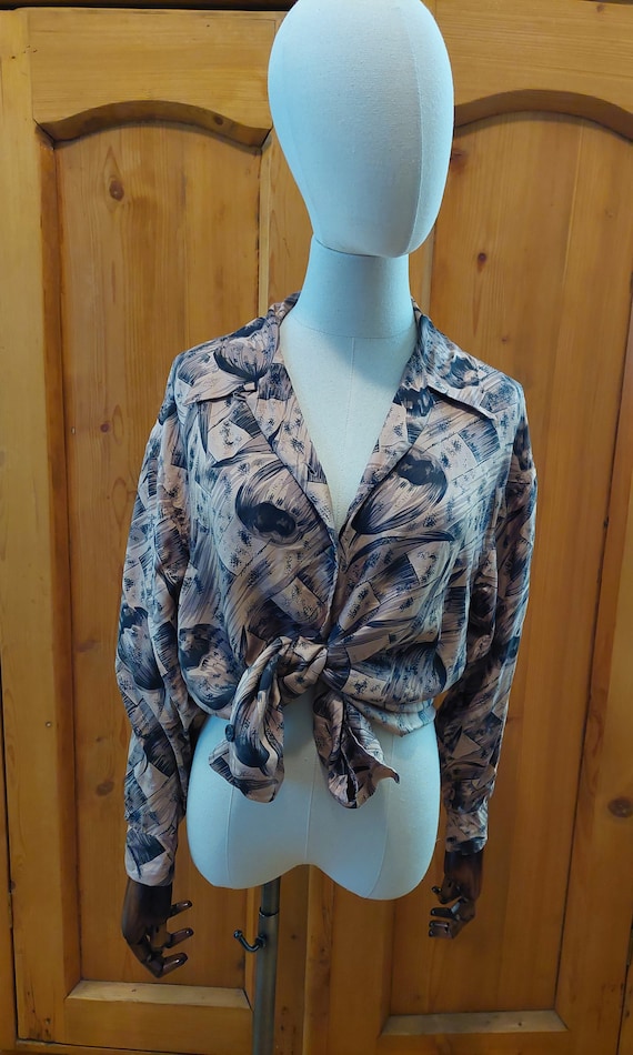 80s Ted Lapidus Paris silk tan black printed blous