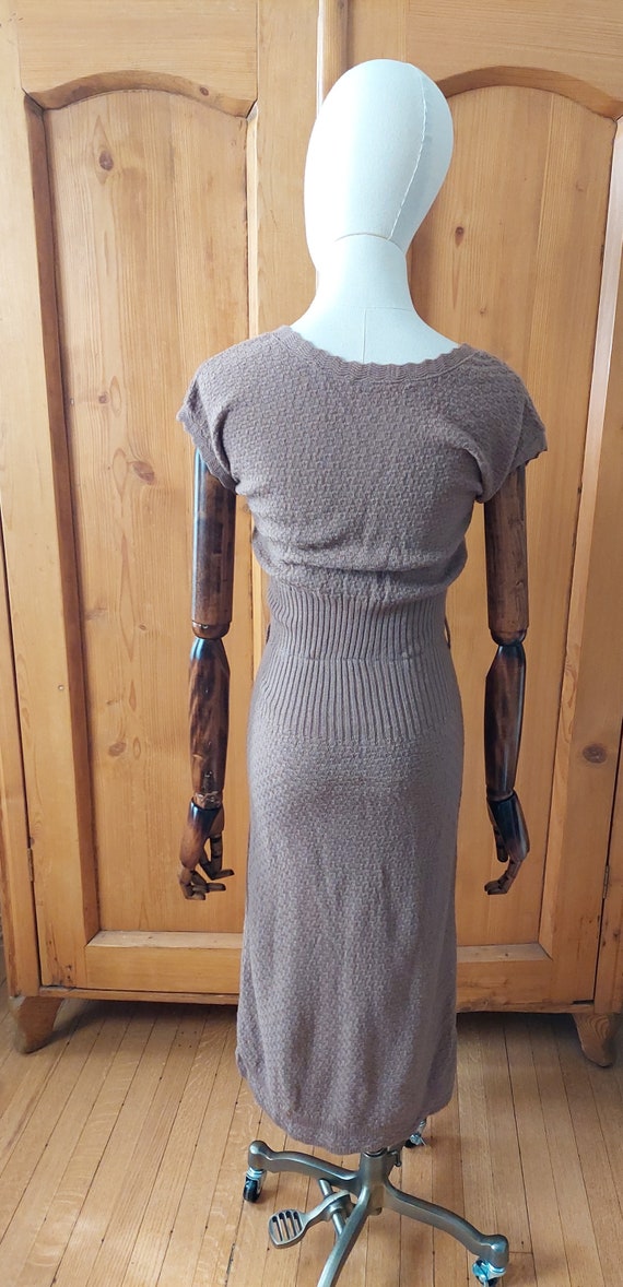 50s wool brown knit sweater dress set embroidery … - image 4
