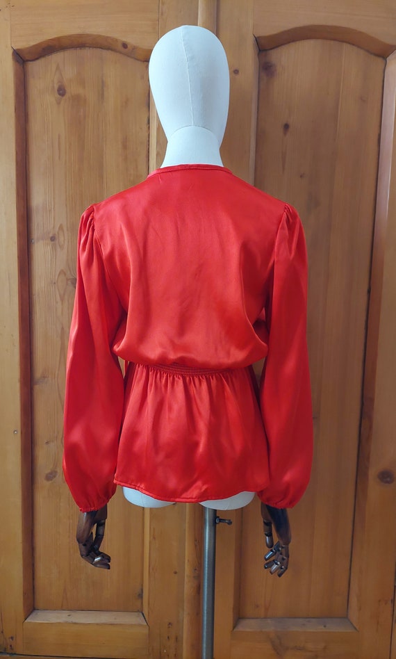 Vintage 70s red satin gathered waist blouse by by… - image 3