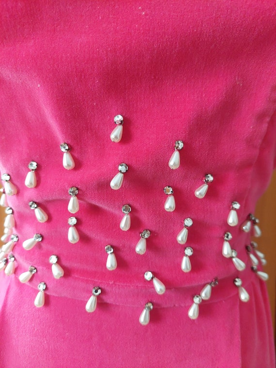 50s 60s pink velvet beaded baricore long dress - image 5