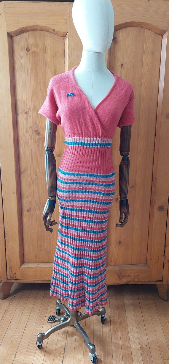 70s knit pink stripe wool blend dress