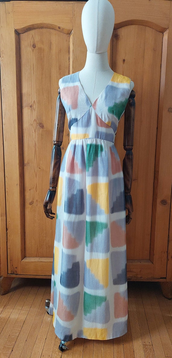 70s watercolor silk chiffon dress size med - image 1