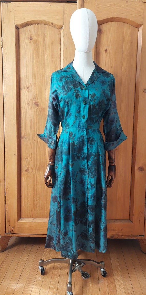 Rare 50s Diana Dean green teal flower print dress 