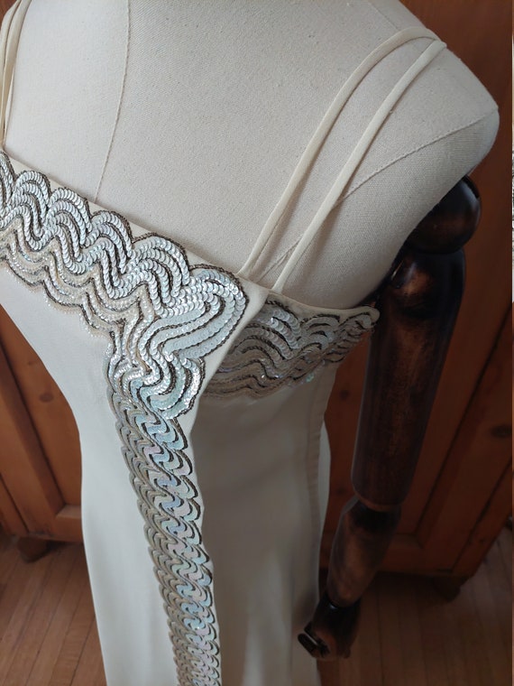 60s cream crepe column gown iridescent sequin siz… - image 8