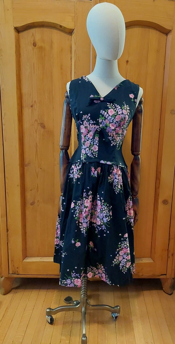 50s drop waist fit and flare black floral printed 