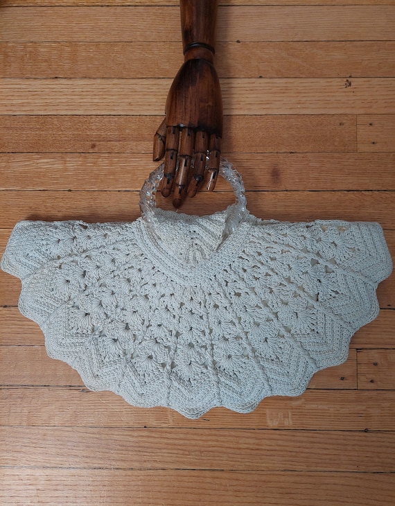 40s cream crochet huge purse lucite handle shell f