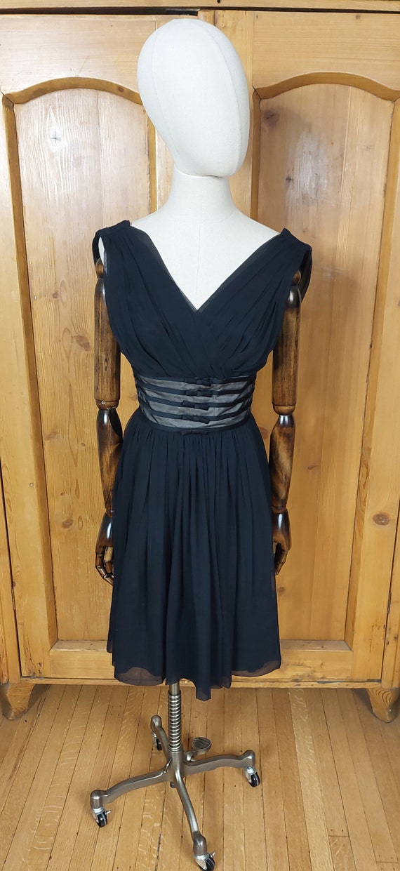 50s black illusion chiffon fit and flare dress - image 2