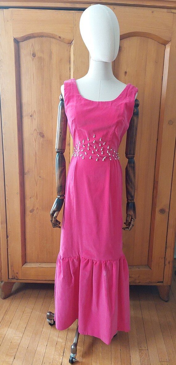 50s 60s pink velvet beaded baricore long dress - image 1